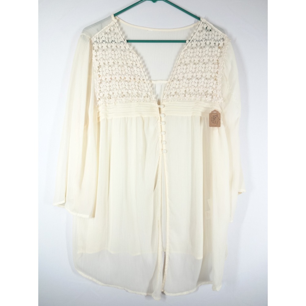 Tunic Blouse Womens XL Cream Crochet Lace Boho Ethereal Top Victorian Romantic